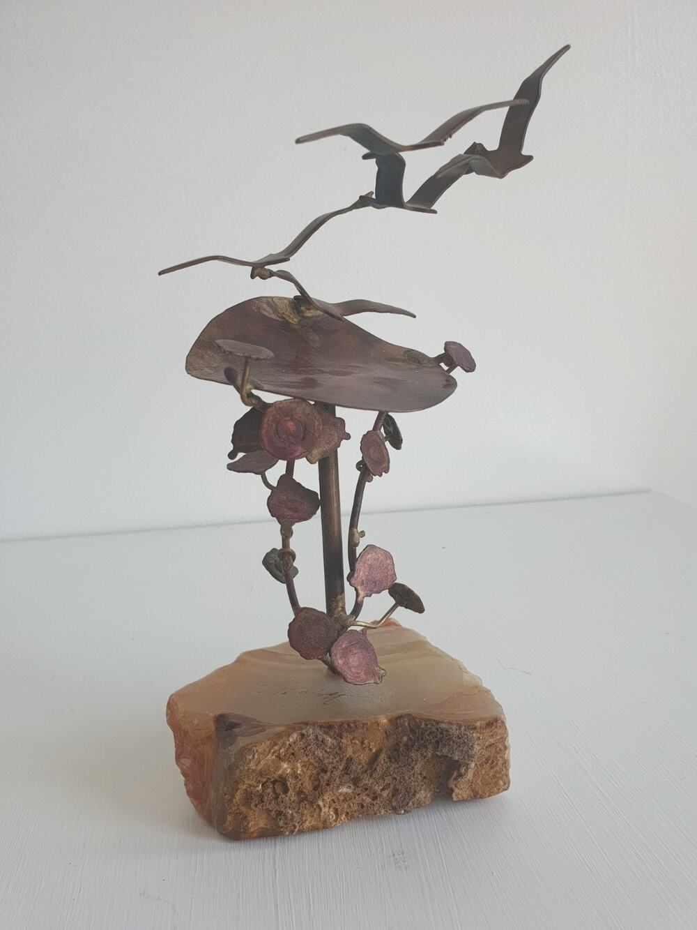 Vintage Bijan Signed Brutalist Copper Seagulls Sculpture Onyx Stone Base 9" MCM